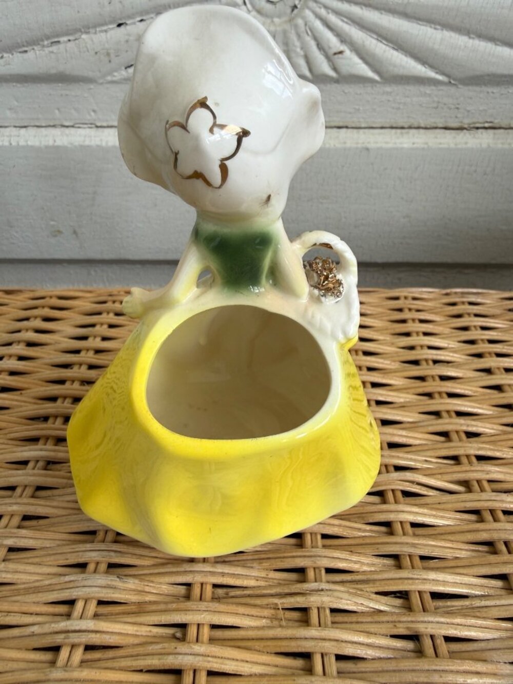 Vintage 50s Enesco Anthropomorphic Yellow Flower Girl Planter Rhinestones - Picture 2 of 9